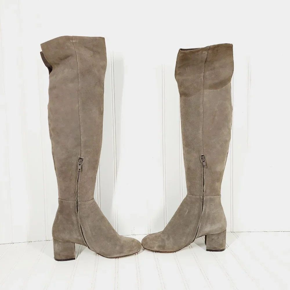 Halogen Over the Knee Taupe Tan Suede Leather Elastic Heeled Tall Boots B156